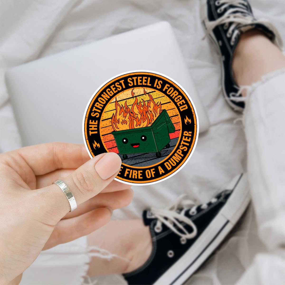 3 Pcs The Strongest Steel is Forged in The Fire of a Dumpster Stickers, Motivational The Strongest Steel Dumpster Fire Patch Stickers for Helmet Water Bottle Tumbler Phone Case 3"x3"
