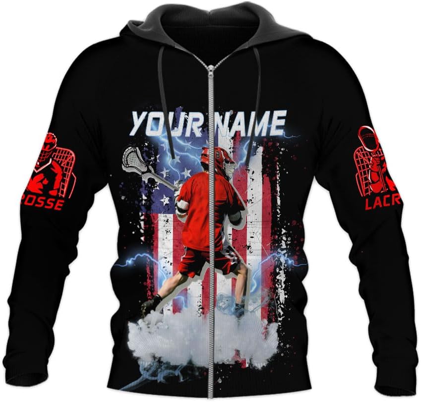 mostprints Custom Name Lacrosse Shirts, Lacrosse Shirts Mens American Flag Lax Helmet Sticks Lacrosse Shirt Gifts