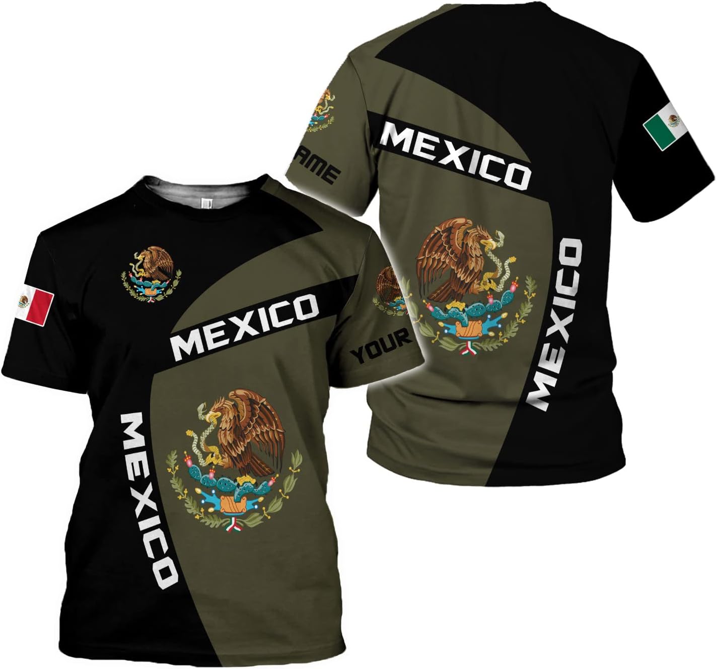 Customized Name Eagle Mexico Mexican US Flag Unisex 3D All Over Printed Sportwear, T Shirt for Men Women Adult Full Size S-5XL TS10
