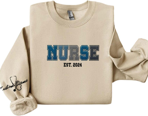 Custom Embroidered Nurse Sweatshirt Personalized Name Sleeve Gift for Women RN LPN CNA Cute Health Tee for School Medical