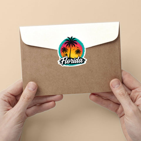 Florida Sunset Tropical Palm Tree Beach 3" sticker, Vinyl Decal Waterproof for Laptop, Water Bottle, Car, Journal, Travel Scrapbook – Retro Florida Vacation Sticker for Beach Lovers