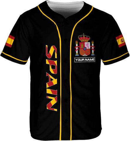 Podagree Personalized Spain Baseball Jersey, Spanish Proud Flag Jersey Shirt Espana Coat of Arms Peruvian Gift for Men Women