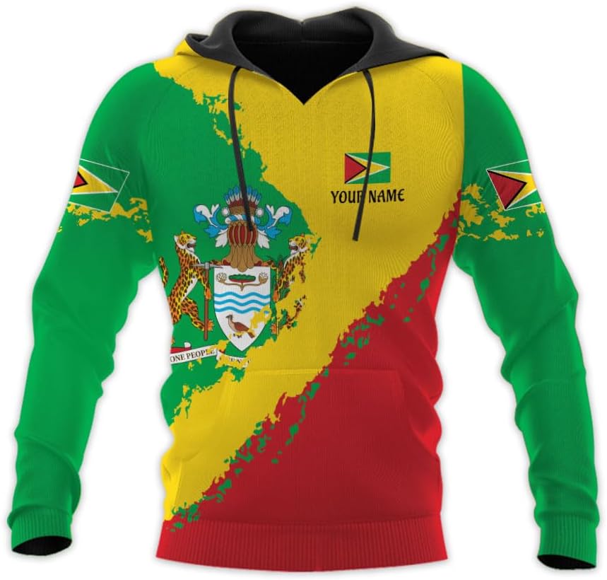 Leprints Personalized Guyana Hoodie 3D Guyanese Coat of Arms Flag Guyana 3D Sweatshirt Guyana Guyanese Pride Gift Zip Hoodie