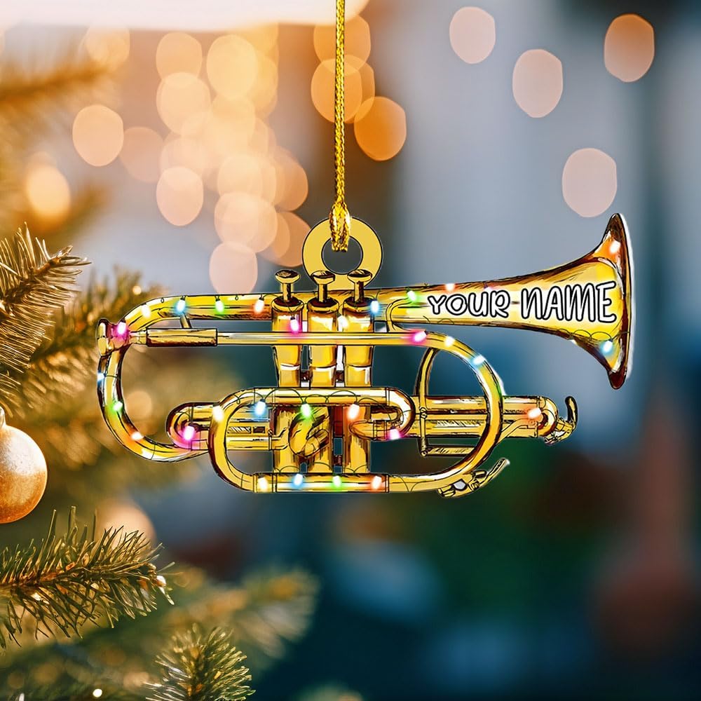MoonArt Trumpet with Christmas Hat Personalized Trumpet Ornament for Christmas Tree Trumpet Christmas Ornaments for Trumper Player Acrylic Flat 2D Music Instruments Ornaments Music Band (TRP10)