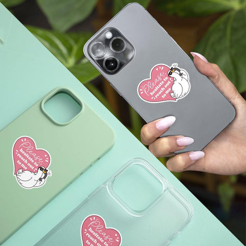 Please Hesitate to Reach Out 3" Sticker, Funny Anti Social Goose Pink Heart Romantic Gift Please Hesitate to Reach Out Stickers Mental Health Car Decal for Laptop Water Bottle Toolbox Phone Case