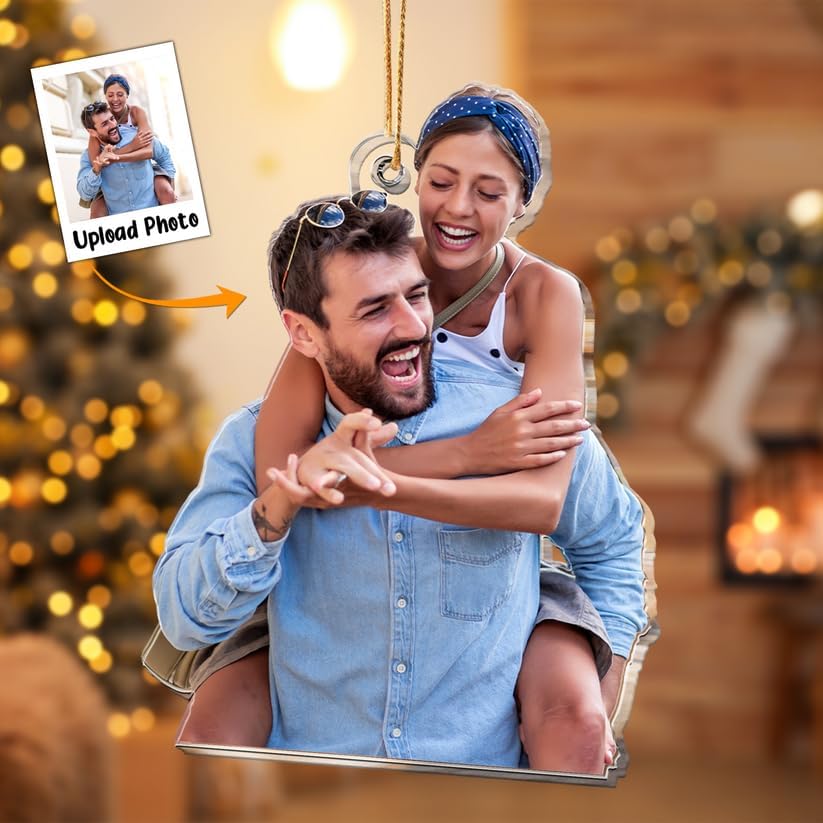 Pretyprints Personalized Photo Ornaments for Christmas Tree, Personalized Christmas Ornaments 2024, Couple Gifts for Husband Wife Boyfriend Girlfriend, Acrylic Customized Photo Ornament (Style 1)