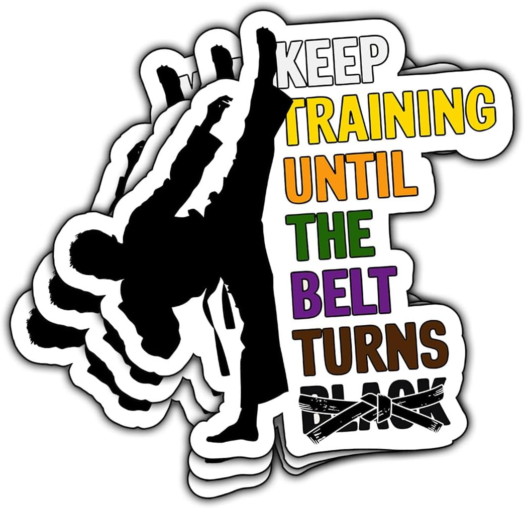 3 Pcs Keep Training Until Belt Turns Black Sticker, Karate Taekwondo Stickers, Black Belt Taekwondo Martial Arts Car Decal - Vinyl Sticker 3 Inches for Water Bottles Laptop Phone Car Window Helmet
