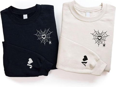 Personalized Embroidered Heart Hoodies For Couples, Matching Couple Sweaters Custom Anniversary Sweatshirts Spider Heart
