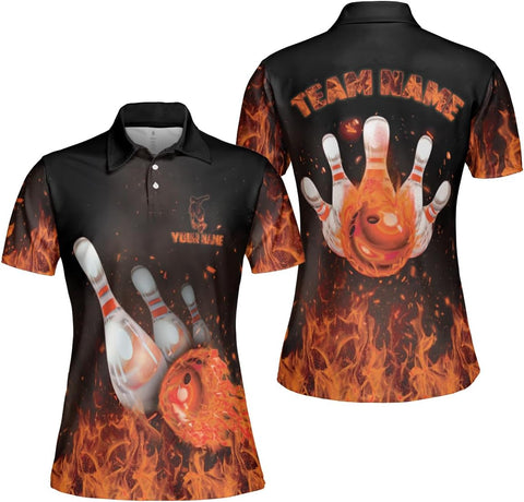 Custom 3D Bowling Polo Shirts for Women Personalized Team Name Gift Womens Customized Funny Bowling Short Sleeve Polo Shirt