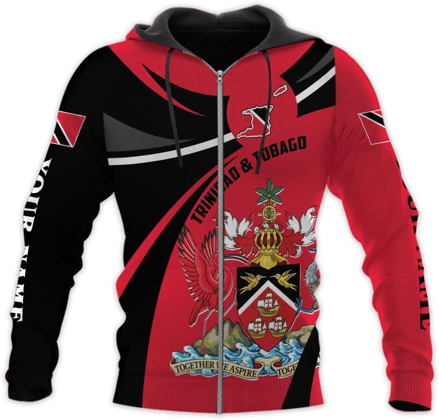 Vybonz Personalized Trinidad & Tobago Hoodie 3D Trinidad and Tobago Coat of Arms Flag Sweatshirt Trinidad Pride Zip Hoodie