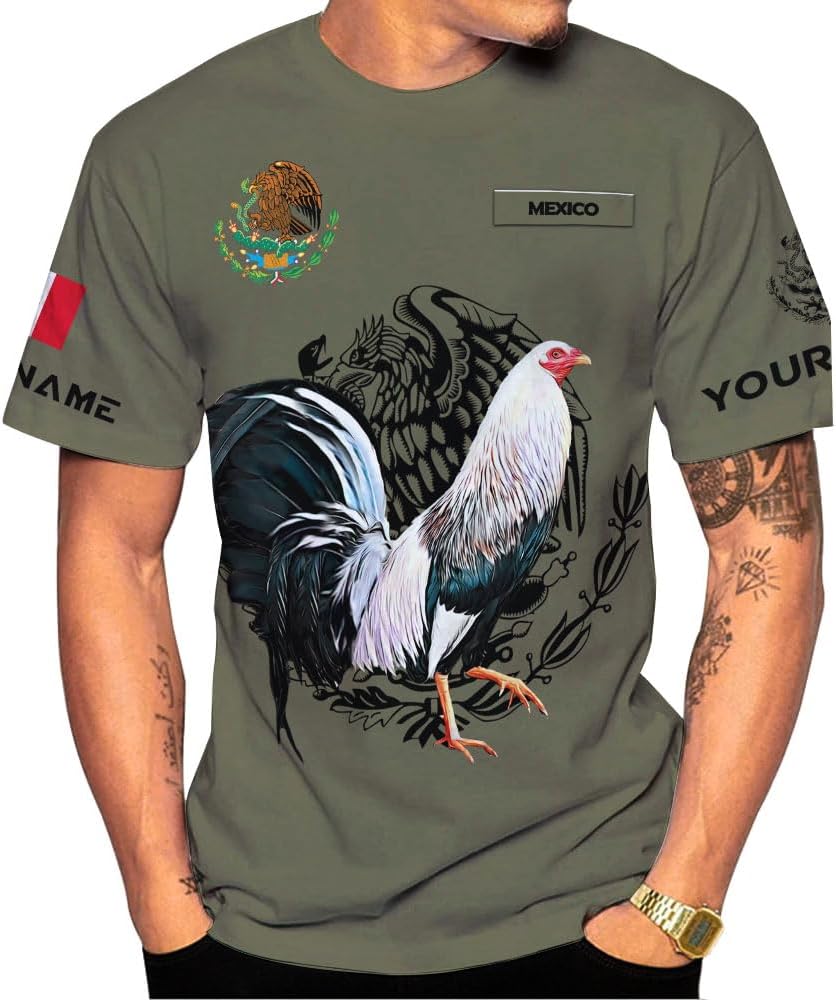 Woseprints Personalized Name Mexican Shirts for Men, Rooster Mexico Shirts for Men, Mexico Shirt Eagle Flag Mexican Eagle
