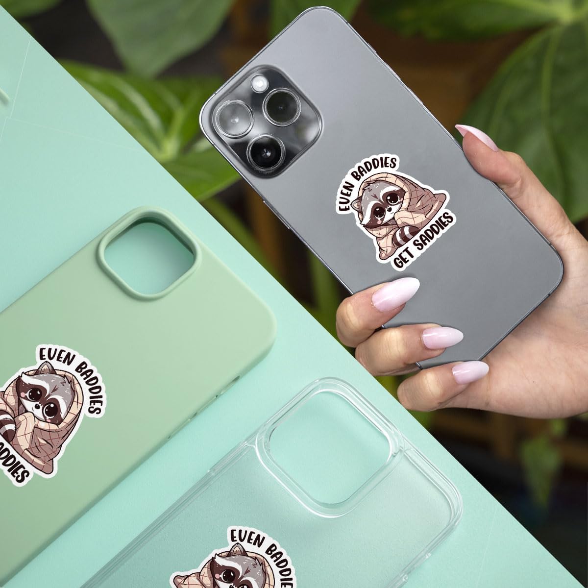 3Pcs Even Baddies Get Saddies Sticker Baddie Funny Mental Health Funny Cute Raccoon Stickers Baddies Get Saddies Anxiety Depression Neurodivergent Decal for Laptop Bottle Phone Car Hard Hat 3"x3"