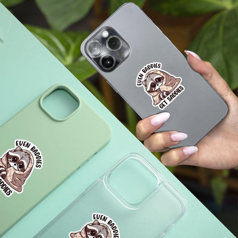 3Pcs Even Baddies Get Saddies Sticker Baddie Funny Mental Health Funny Cute Raccoon Stickers Baddies Get Saddies Anxiety Depression Neurodivergent Decal for Laptop Bottle Phone Car Hard Hat 3"x3"