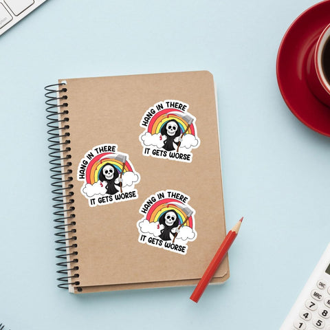 3 Pcs Hang in There It Gets Worse Sticker, Cute Grim Reaper Creepy Cute Mental Health Sarcastic Joke Rainbow Hang in There It Gets Worse Stickers for Laptop Bottle Phone Car Helmet 3"x3"