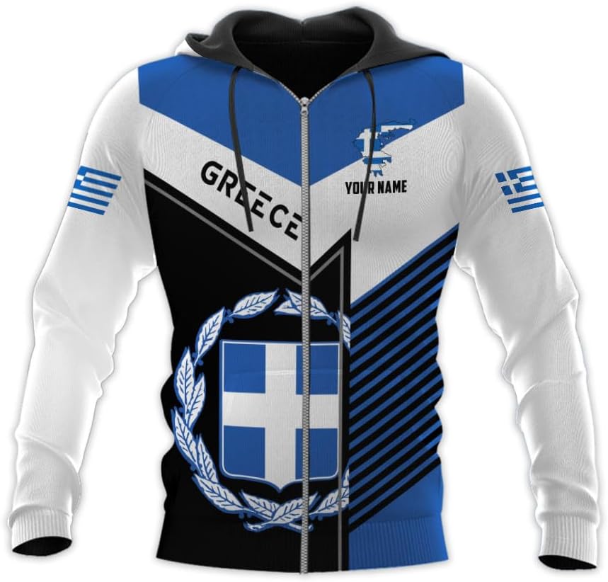 Suseaz Personalized Greece Hoodie Greek Coat of Arms Flag Grecian 3D Sweatshirt Greece Zip Hoodie Grecian Pride Gift Shirt
