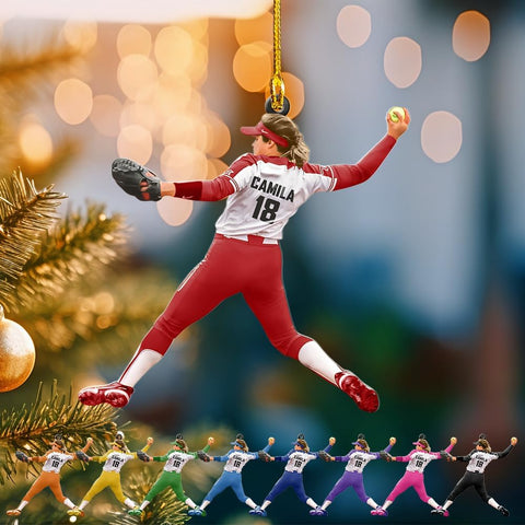 MoonArt Personalized Softball Ornament Christmas Tree Decoration Custom Softball Christmas Ornament 2D Shape Flat Softball Lover Gifts Beginner Softball Players Ornament Gift (SB3)
