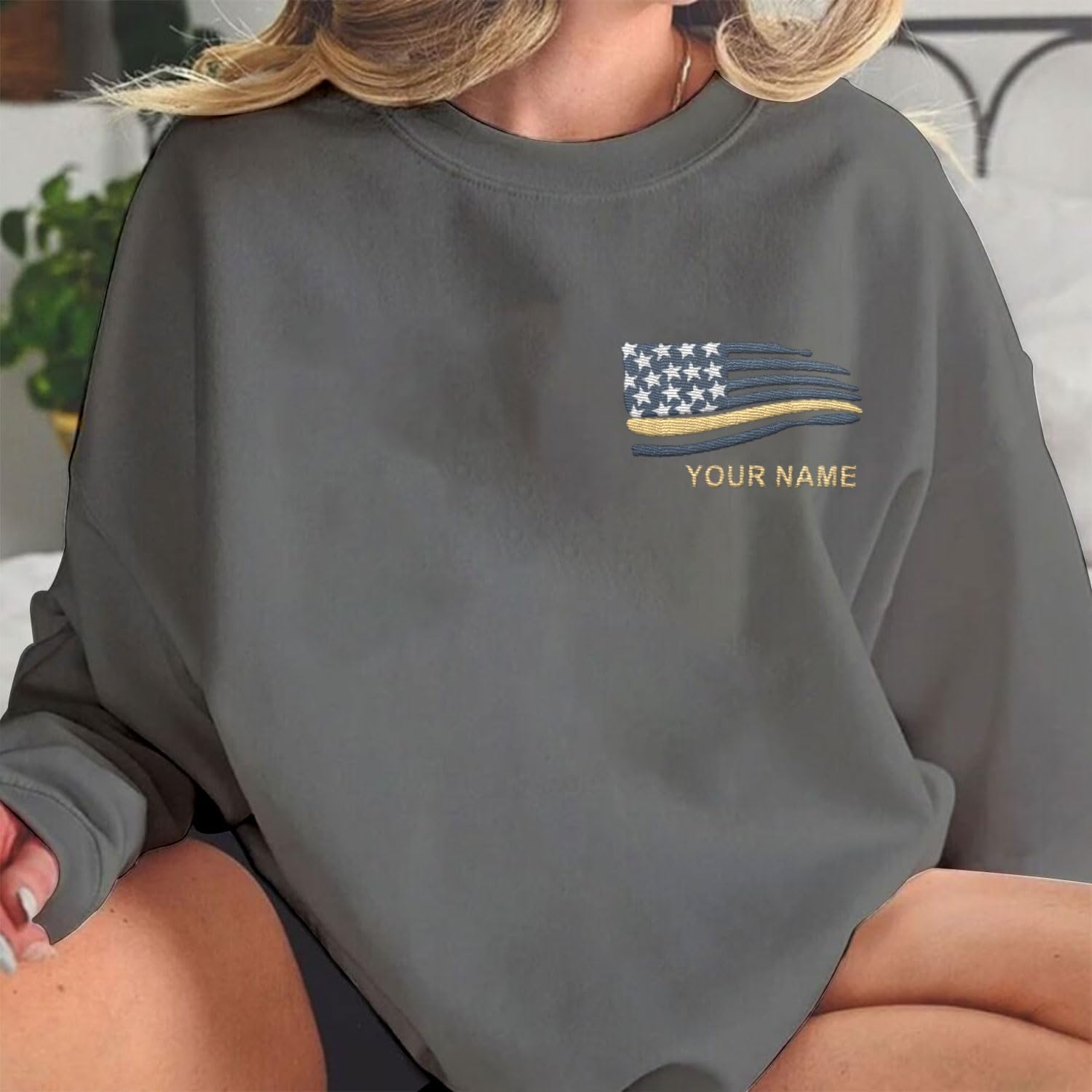 Intenprints Personalized Embroidered Dispatcher Shirt 911 Emergency Services Sweatshirt Thin Gold Line Flag Dispatcher Shirt