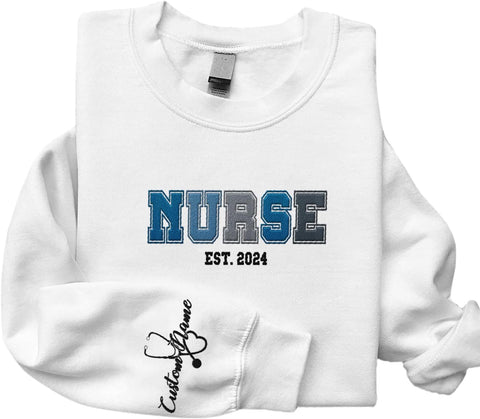 Custom Embroidered Nurse Sweatshirt Personalized Name Sleeve Gift for Women RN LPN CNA Cute Health Tee for School Medical