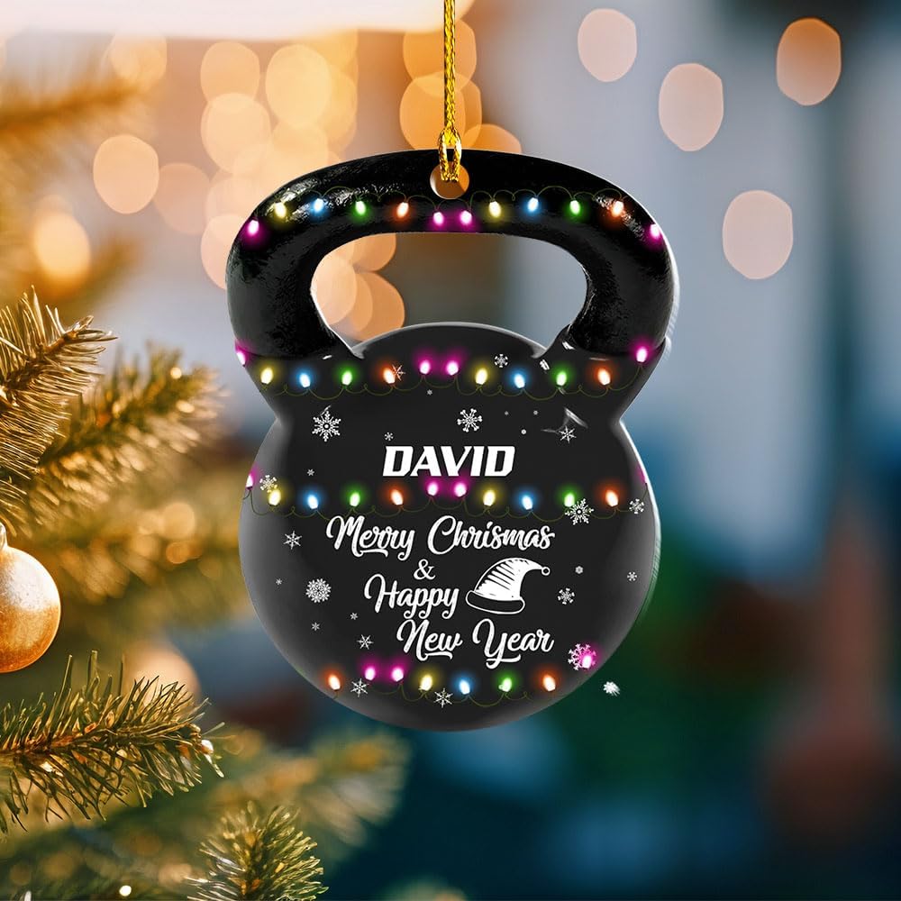 mostprints Personalized Dumbbell Ornament, Fitness Gift for Gym Workout Trainer Coach Instructor, Barbell Weight Plates Custom Ornament for Weightlifter, Weightlifting Ornament (D2)