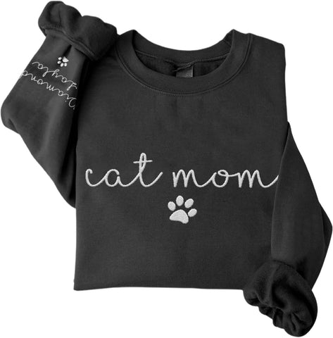 Custom Cat Mom Embroidered Sweatshirt, Personalized Cat Mom Crewneck Sweatshirt for Women, Cat Mama Shirt Gifts (Cotton, SS213)