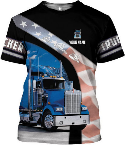 Personalized Trucker Shirt Custom US Flag Truck Driver T-Shirt Funny Trucker Gift 3D Hoodie for Men & Women Trucking Diesel