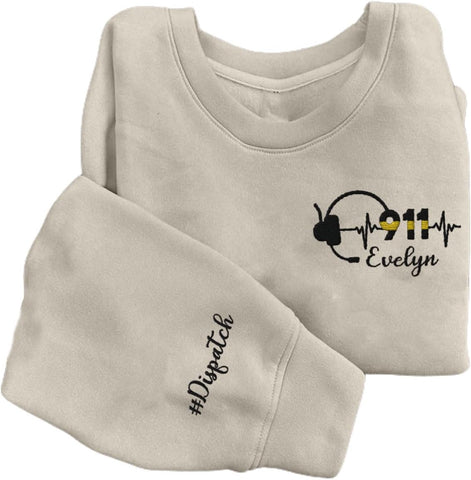 Leeprints Personalized Embroidered Dispatcher 911 Sweatshirt Pulse Dispatch Embroider Hoodie Thin Gold Line 911 Shirt