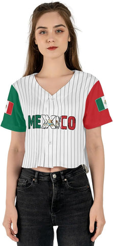 Intenprints Personalized Mexico Crop Top Baseball Jersey Shirt, Mexican Flag Jersey, Mexicano Jersey for Women Mexican Pride