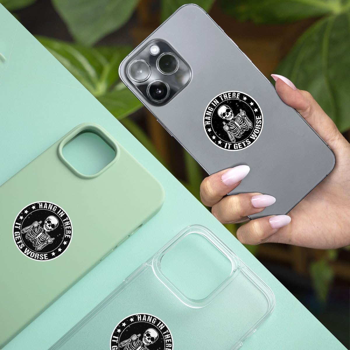 3 Pcs Hang in There It Gets Worse Sticker, Skeleton Funny Sarcastic Decal, Mental Health Stickers, Rainbow Sticker Water Assistant for Book Notebook Water Bottle Tumbler Phone Case Laptop 3"x3"