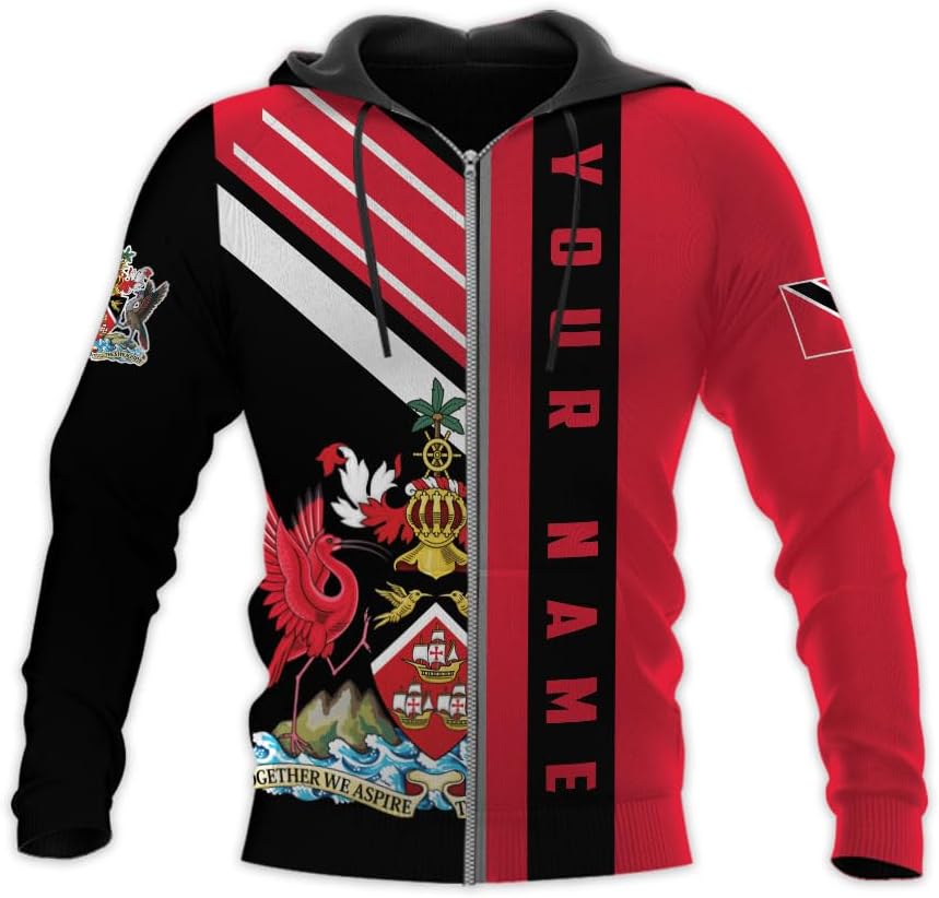 Vybonz Personalized Trinidad & Tobago Hoodie 3D Trinidad and Tobago Coat of Arms Flag Sweatshirt Trinidad Pride Zip Hoodie