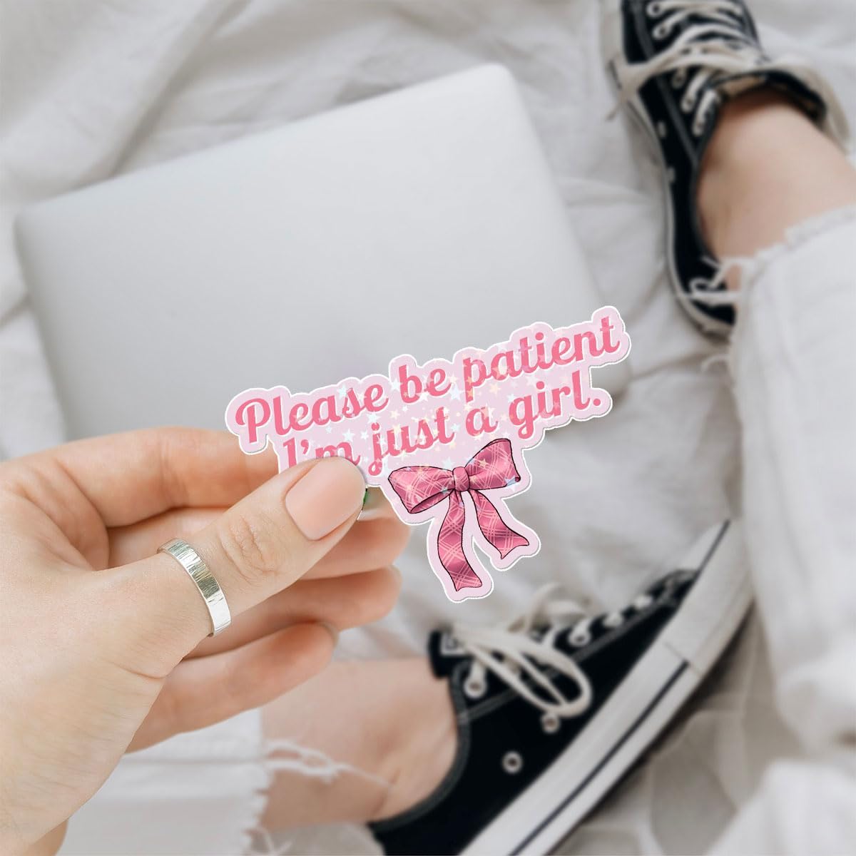 3 Pcs Please Be Patient I'm Just A Girl Sticker, Funny Meme Quote Coquette Pink Bow Stickers Gift Decorations for Helmet Water Bottle Laptop Tumbler Phone Case Cars 3"x3"