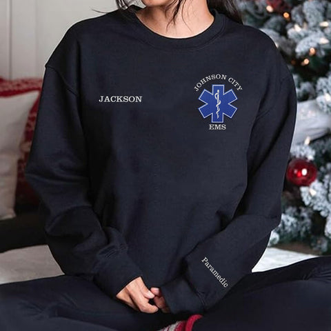 Intenprints Personalized EMS EMT Embroidered Sweatshirt, Custom EMS EMT Paramedic Uniform Emergency Medical Technician Shirts