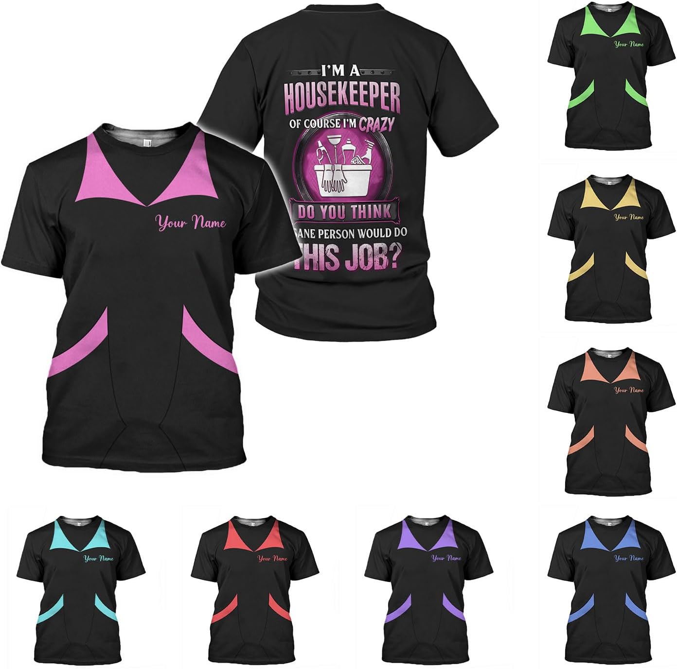 MoonArt Personalized Hoosekeeping Shirts 3D Over Print for Men & Women, Housekeeper House Cleaning Uniforms for Women