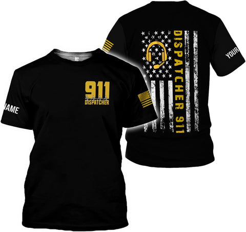 Leeprints Personalized 911 Dispatcher 3D Hoodie, Custom Sweatshirt, Thin Gold Line Flag 3D Zip Shirt