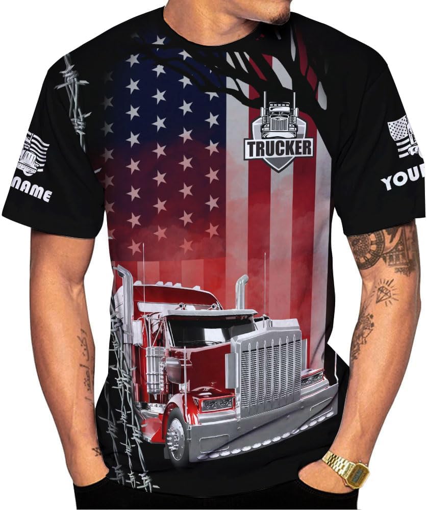 Mostprints Personalized Name Trucker Shirts for Men 3D, Unisex American Trucker T Shirt for Driver, Size for Men and Women S-5XL