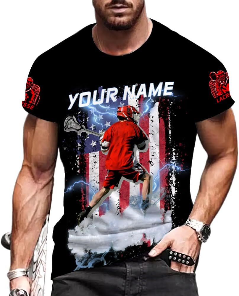 mostprints Custom Name Lacrosse Shirts, Lacrosse Shirts Mens American Flag Lax Helmet Sticks Lacrosse Shirt Gifts