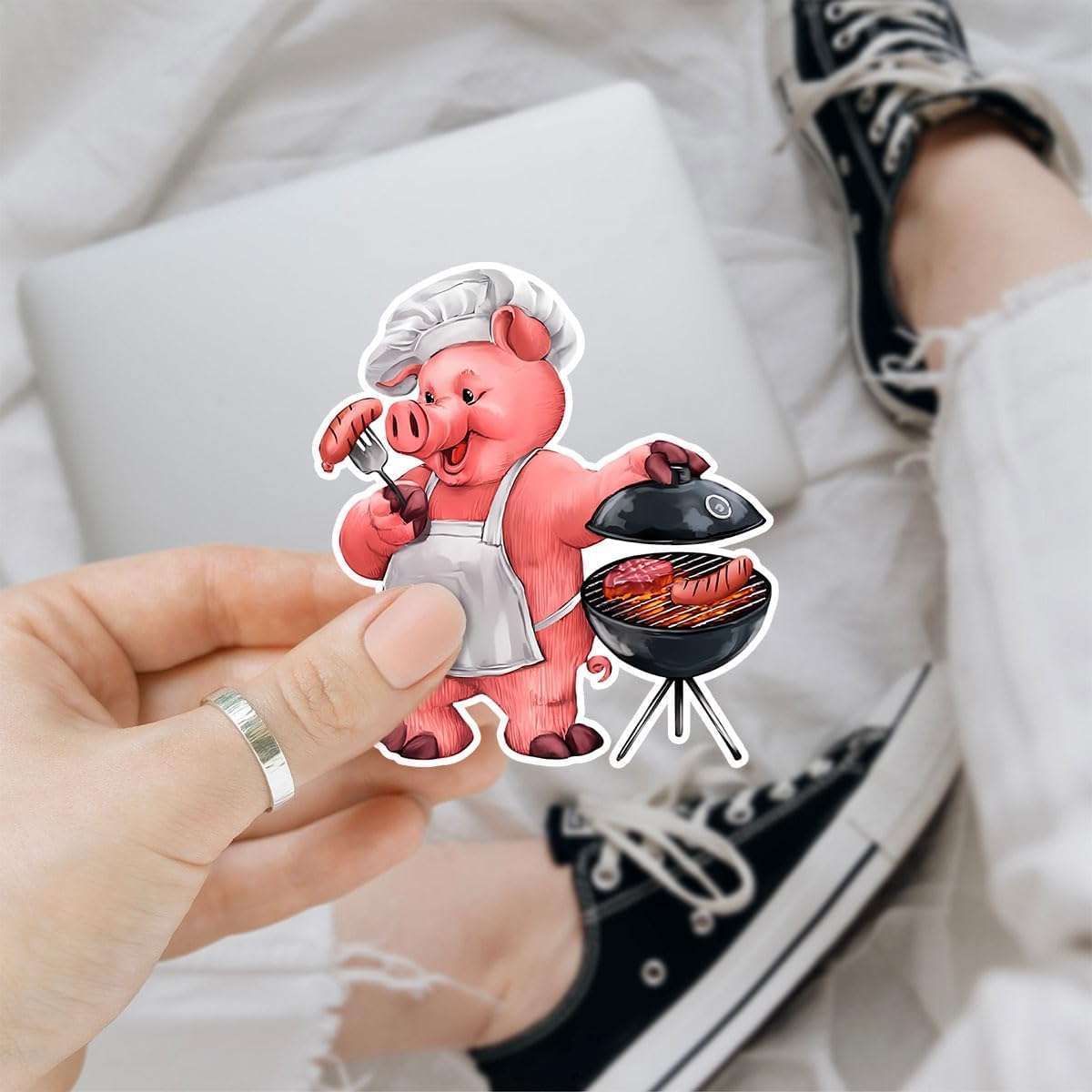 3Pcs BBQ Grilling Barbeque Grill Vinyl Sticker Waterproof Decal, A Pig Standing & Grilling BBQ, Barbeque Stickers, Piggy Stickers - Sticker for Laptop Water Bottle Phone Car Window Helmet 3"