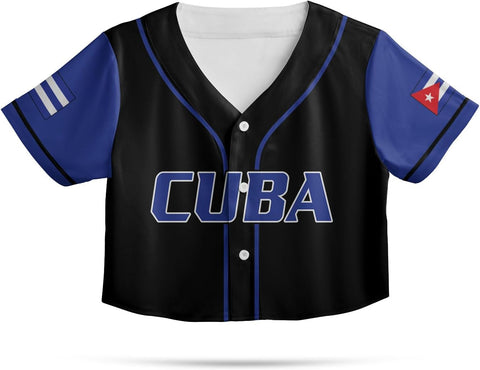 Women's Cuba Baseball Croptop Jersey, Black, 5X-Large, Short Sleeve, V-Neck, Solid, Crop Top, All Seasons, Button Closure, 0 Pockets, Premium Material Blend & High-Definition Prints