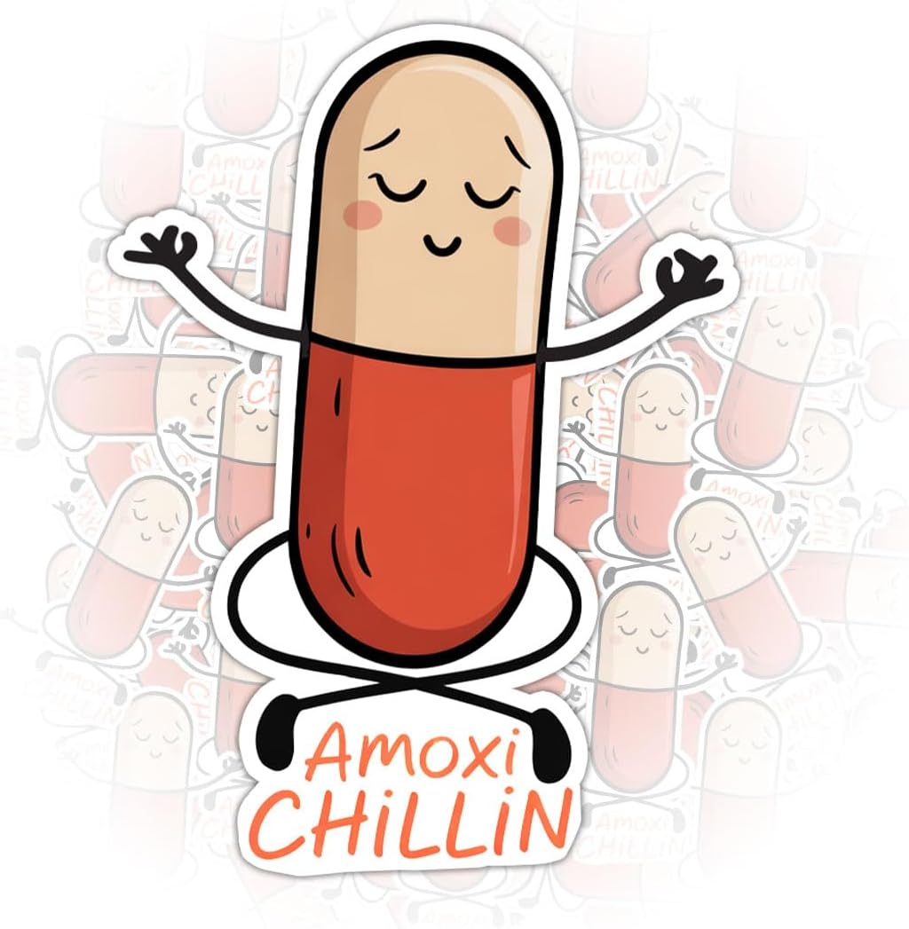 (3PCS) Amoxi Chillin Sticker, Funny Medication Pun Stickers Cartoon Antibiotic Pill Yoga Design for Pharmacists and Medical Students, Car Decal for Laptop Water Bottle Phone Case 3 Inch