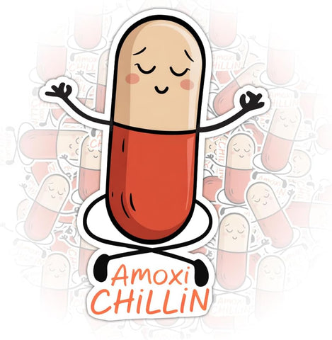 (3PCS) Amoxi Chillin Sticker, Funny Medication Pun Stickers Cartoon Antibiotic Pill Yoga Design for Pharmacists and Medical Students, Car Decal for Laptop Water Bottle Phone Case 3 Inch