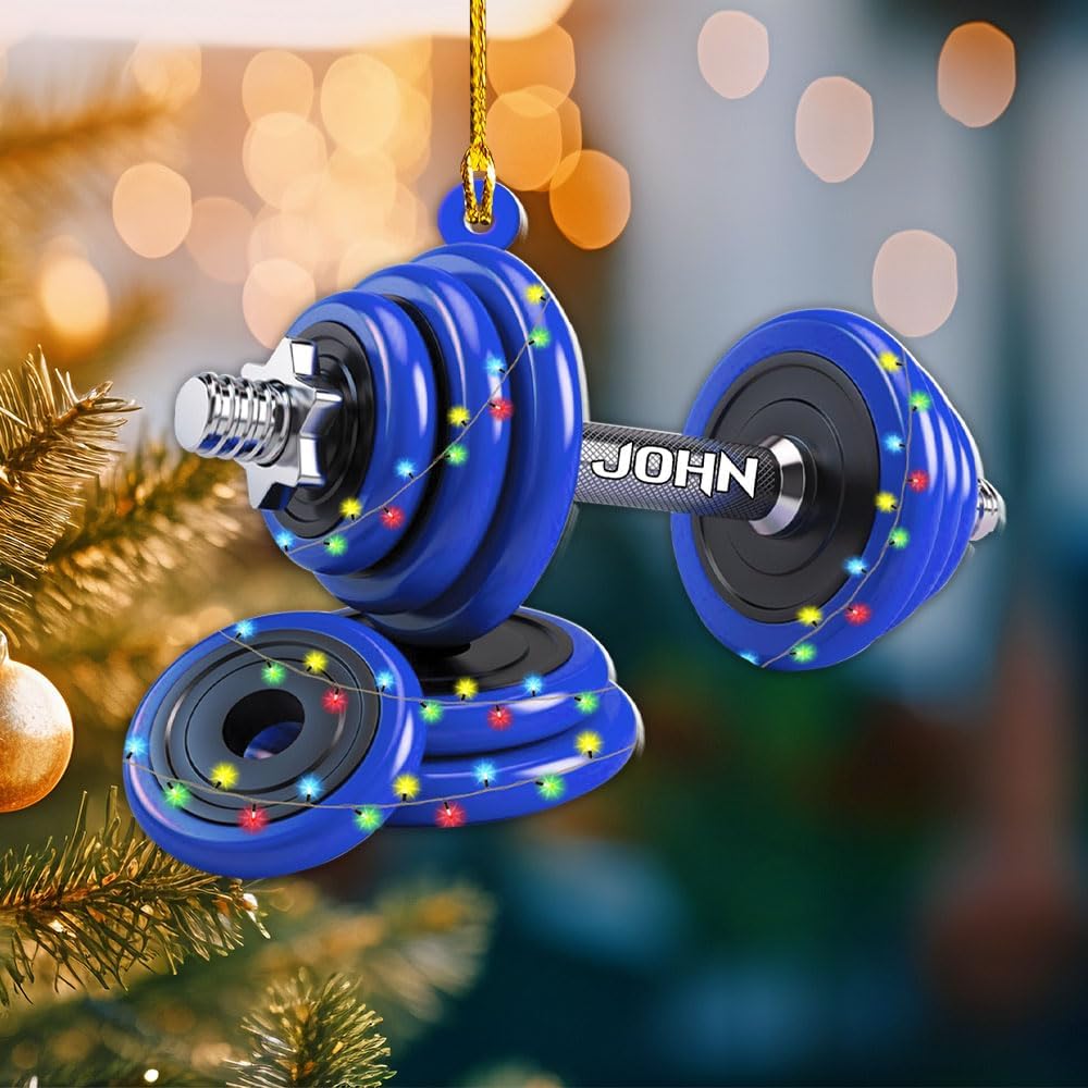 HomeDesign Personalized Dumbbell Ornament, Fitness Gift for Gym Workout Trainer Coach Instructor, Barbell Weight Plates Custom Ornament for Weightlifter, Weightlifting Ornament (D8)