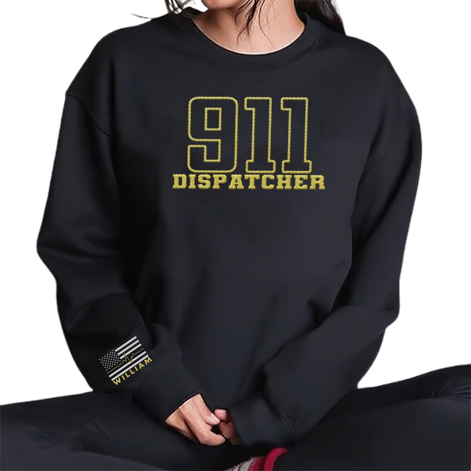 Custom Dispatcher Embroidered Sweatshirt with Thin Gold Line Flag 911 Emergency Services Personalized Shirt for Men and Women