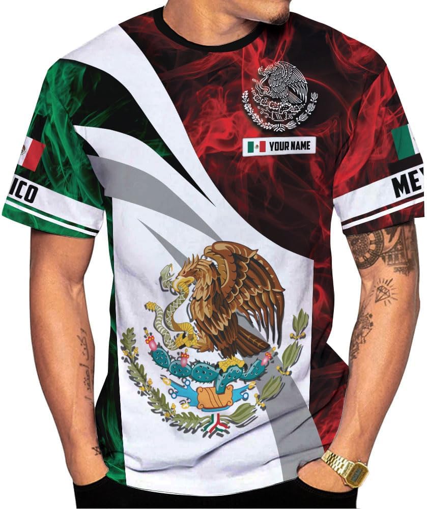 HomeDesign Custom Mexico Shirts Personalized Name Mexican 3D Flag Shirt for Men Women Aztec Unisex US Eagle Pride Camisas