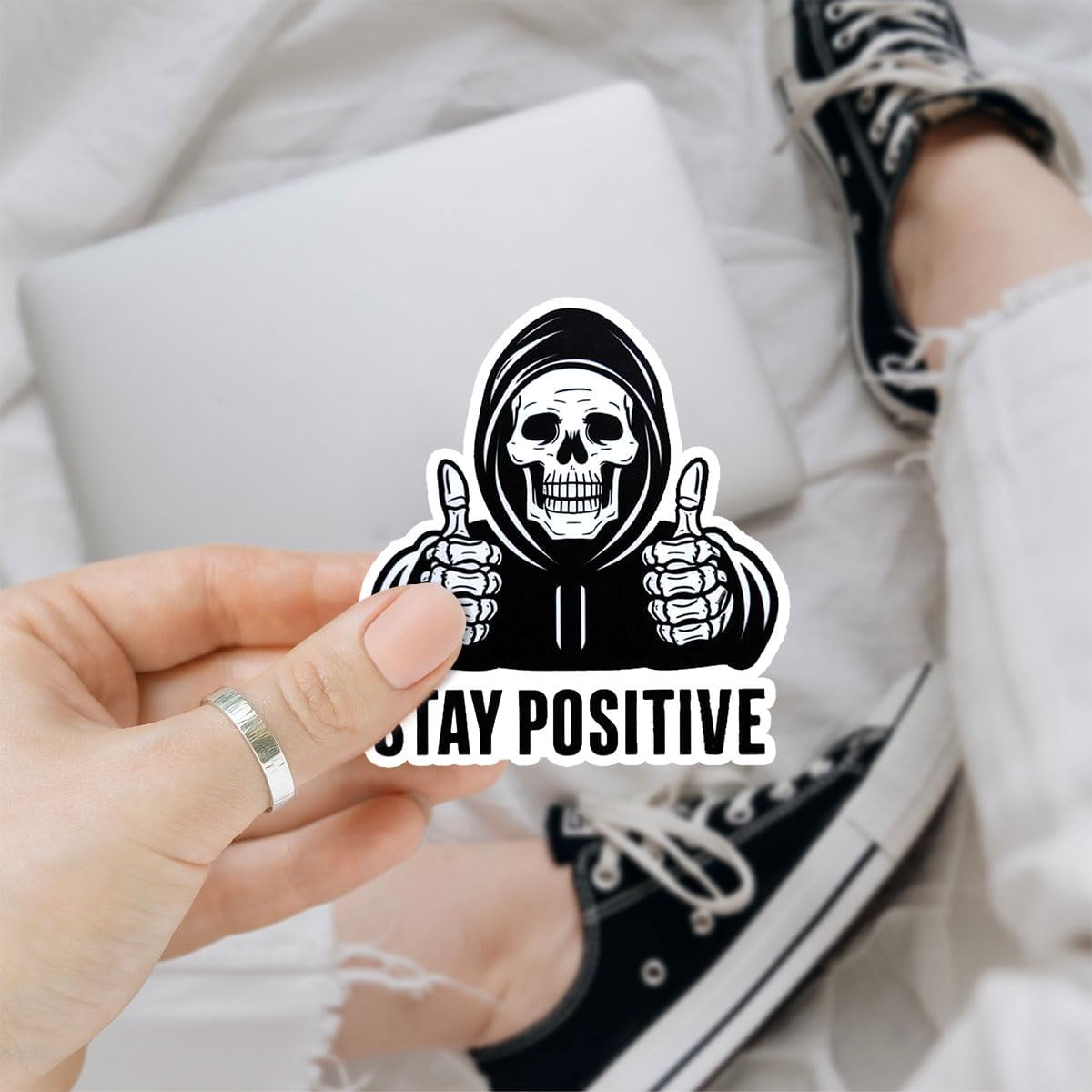 (3pcs) Skeleton Stay Positive, Funny Skeleton Sticker, Skeleton Sticker for Halloween, Sticker Die-Cut Waterproof Vinyl Sticker for Laptop Water Bottle Phone Window Helmet Decal Gift