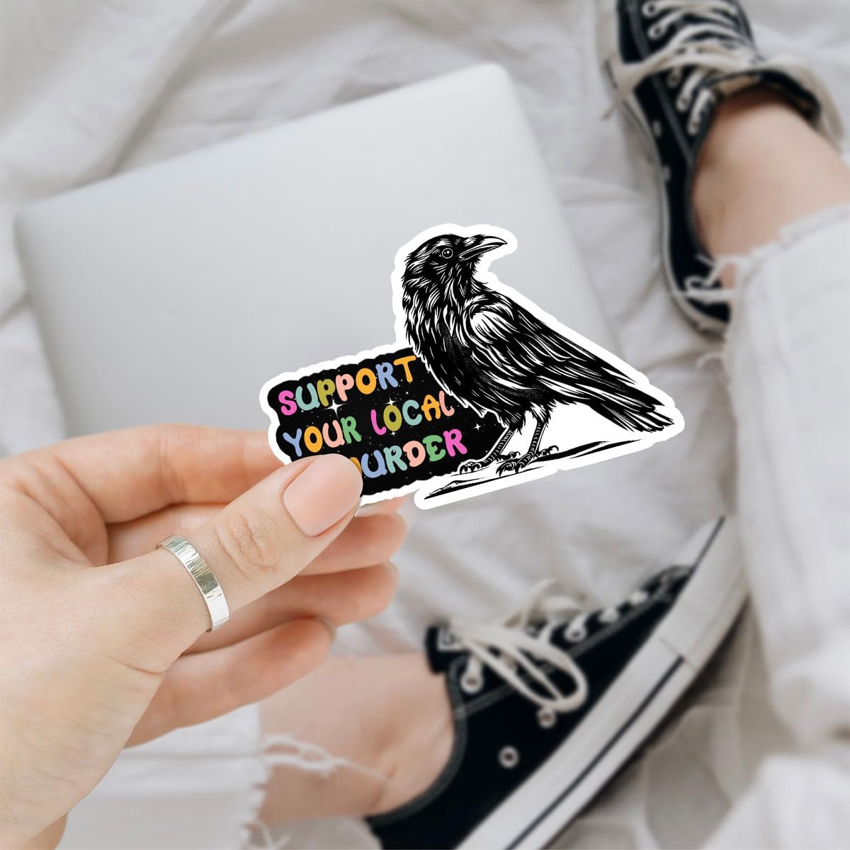 Support Your Local Crow Sticker, Halloween Raven Stickers, 3 inches Waterproof Vinyl Sticker for Book Laptop Water Bottle Phone Case