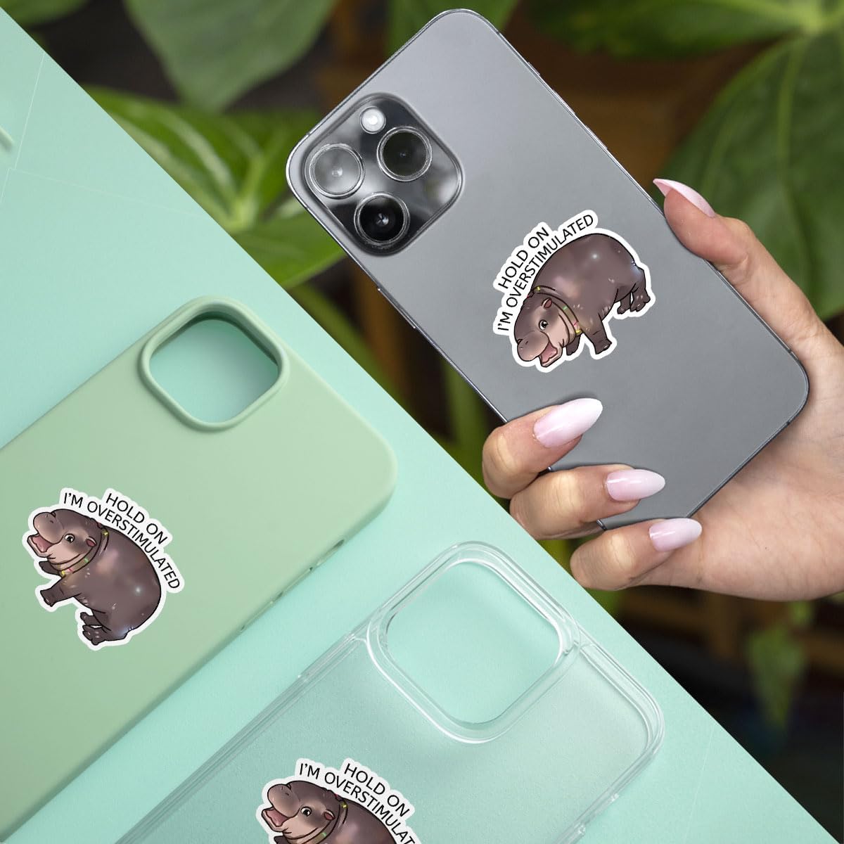 3 Pcs Hold On I'm Overstimulated Moo Deng Stickers Waterproof, Animal Moo Deng Funny Quote Stickers - Vinyl Sticker 3 Inches for Water Bottles Laptop Phone Car Window Helmet