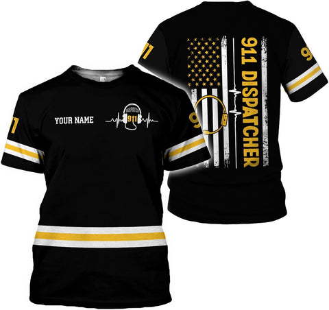 Leeprints Personalized 911 Dispatcher 3D Shirt, Custom Dispatcher 3D T-shirt, Thin Gold Line Flag 3D Shirts, Dispatcher