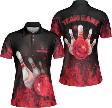Custom 3D Bowling Polo Shirts for Women Personalized Team Name Gift Womens Customized Funny Bowling Short Sleeve Polo Shirt