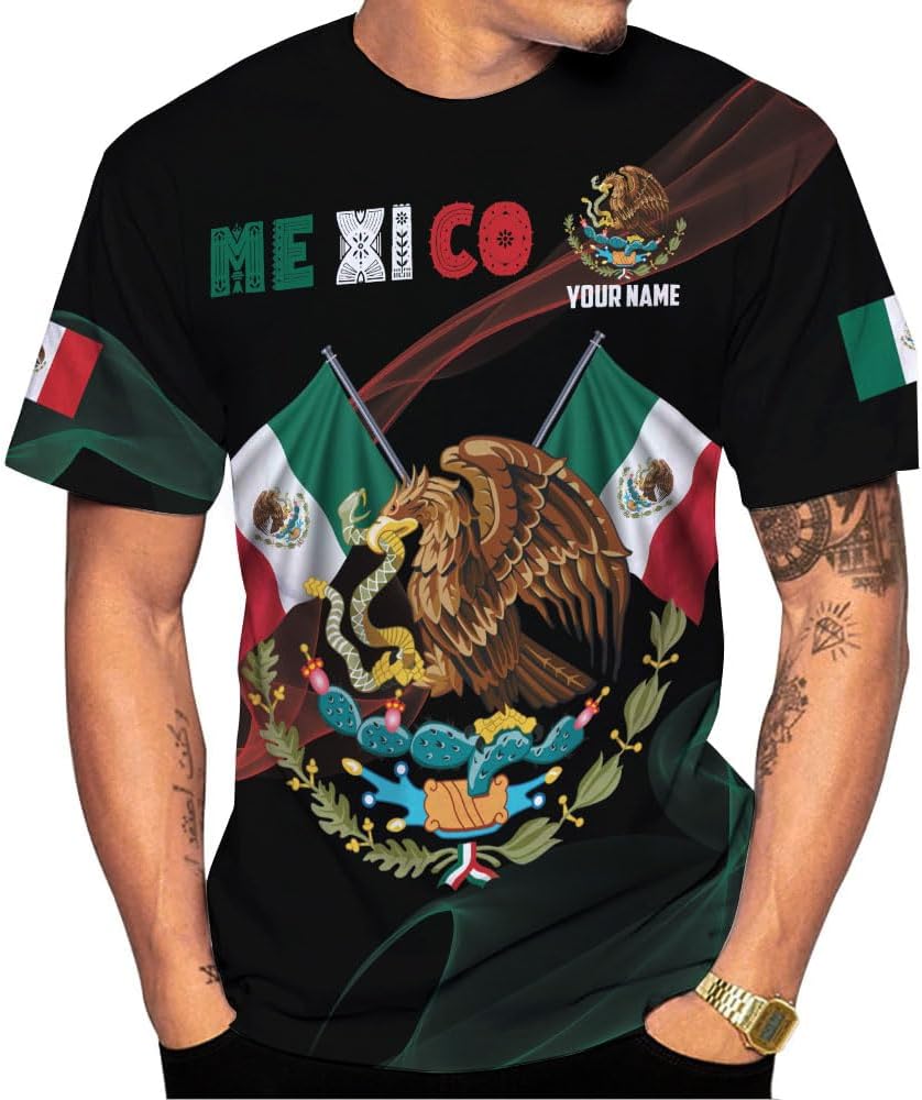 HomeDesign Custom Mexico Shirts Personalized Name Mexican 3D Flag Shirt for Men Women Aztec Unisex US Eagle Pride Camisas