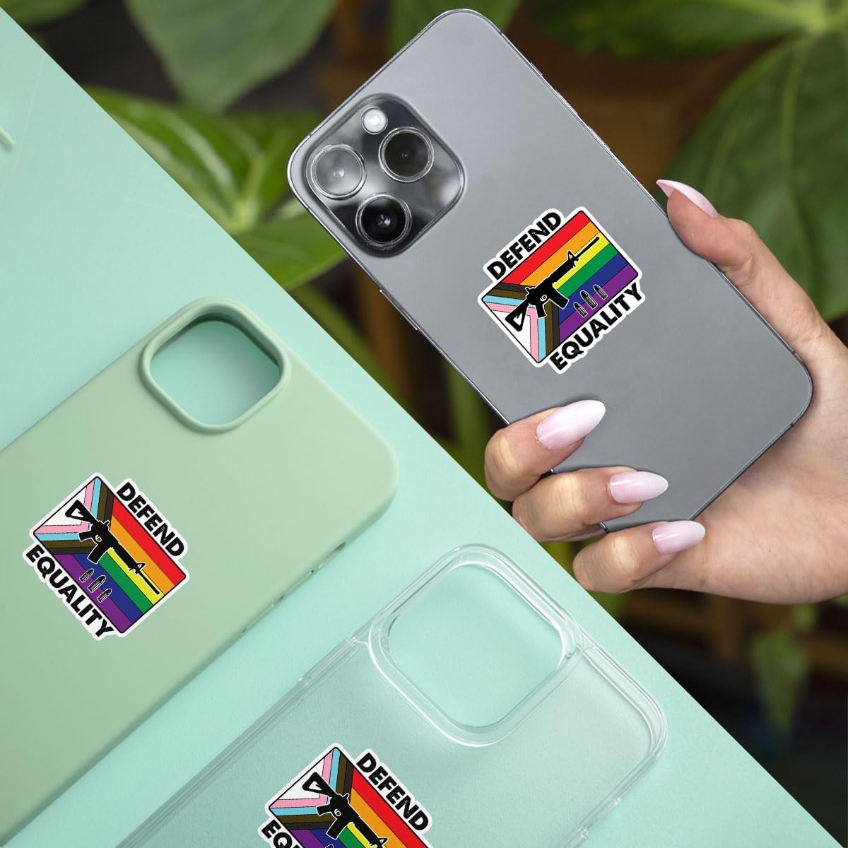 3 Pcs Defend Equality Stickers, LGBT Guns Pride Month Trans Gay, Funny G*n Sticker, Progress Pride Flag and Rifle Sticker for Water Bottle Tumbler Phone Case Laptop 3"x3"