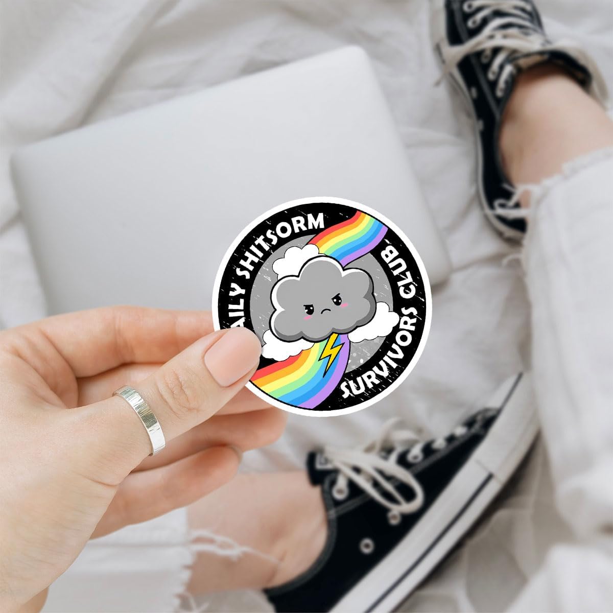 3Pcs Daily Shitstorm Survivor Club Sticker Rainbow Gift Daily Shitstorm Survivors Club Stickers Anxiety Sarcastic Moody Rainbow Cloud Coworkers Decal for Laptop Bottle Phone Car Hard Hat 3"x3"